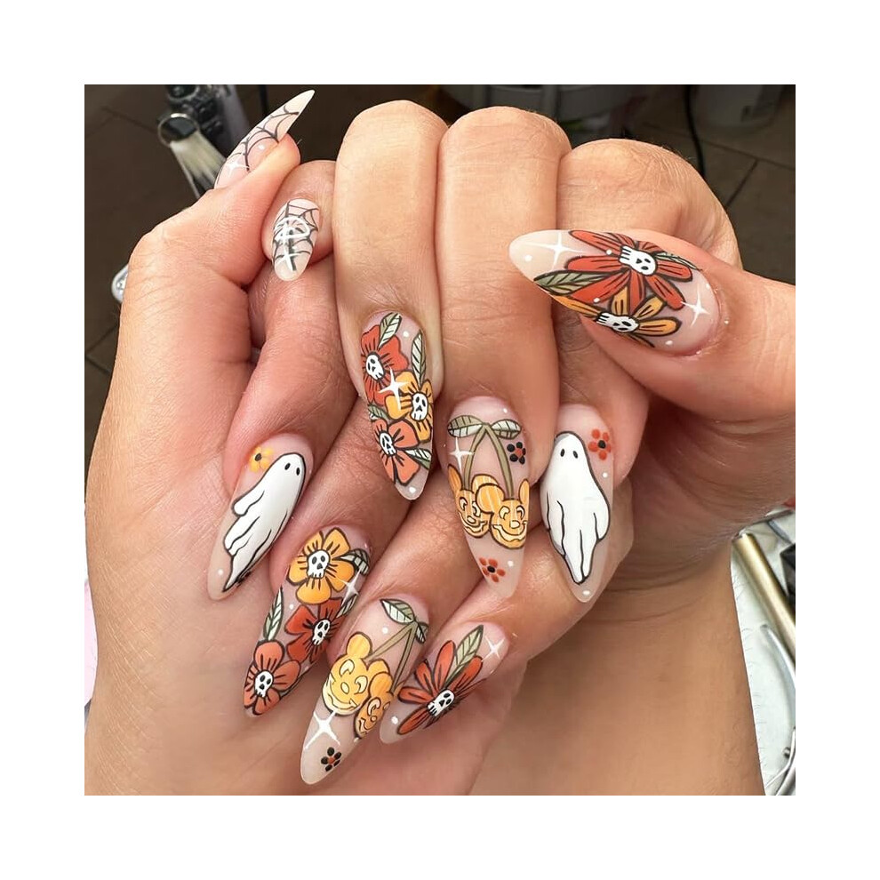Press On Nails Almond Halloween Ghost Spider Ballerina Acrylic False Nail Tips with Glue