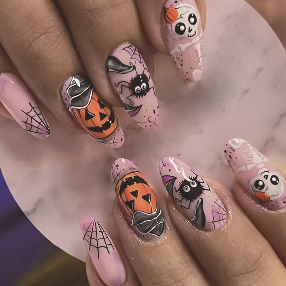 Pink Halloween Almond Press On Nails Glossy Medium Fake Nails With Pumpkin Skeleton 24Pcs