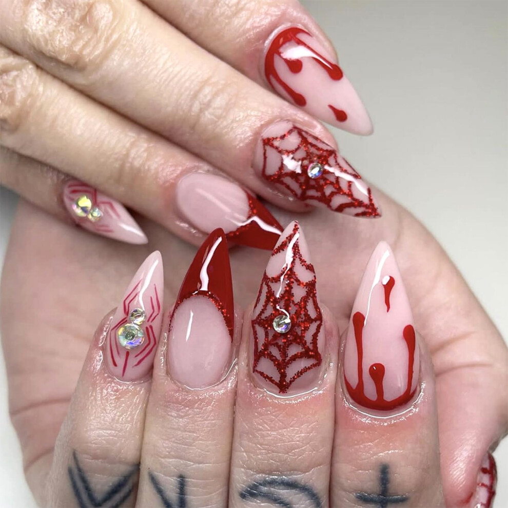 Long Almond Press On Nails Red Blood Drop Halloween Nails Reusable Acrylic Tips for Women