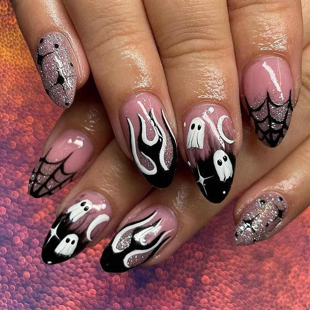 Halloween Press on Nails Black Spider Web Fake Nails Almond Shape Acrylic 24PCS Reusable Set