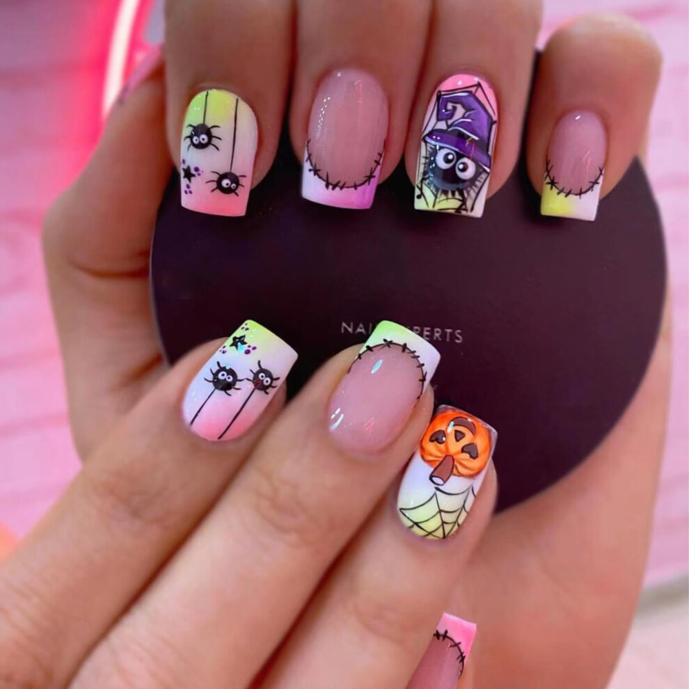 24Pcs Halloween Press On Nails Short Square Ombre Nude Pink Fake Nails with Pumpkin Ghost Designs