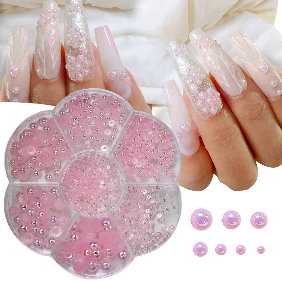 Pink Nail Art Pearls And Charms Half Pearl Decorations Resin Flatback Diy Gems With Storage Box