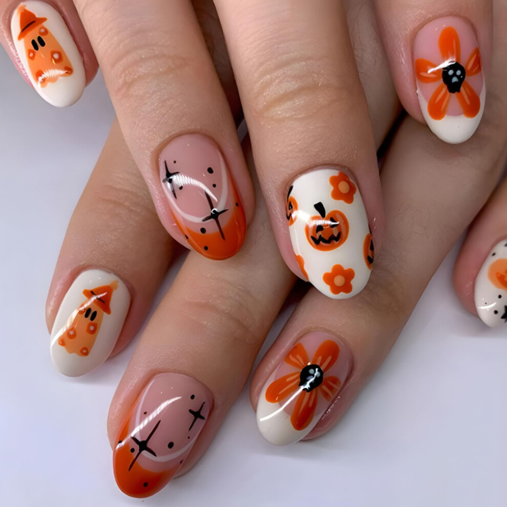 Halloween Press On Nails French Tip Fake Nails Short Almond Pumpkin Ghost Design, 24pcs Set