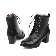 (Black, UK 7 / EUR 40) Women's Retro Ankle Boots Lace-Up Chunky Heel Brogue Low Heels Round Toe Shoes