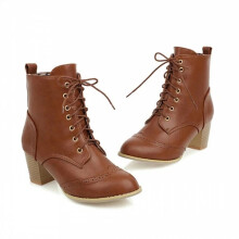 (Yellow, UK 9 / EUR 44) Women's Retro Ankle Boots Lace-Up Chunky Heel Brogue Low Heels Round Toe Shoes