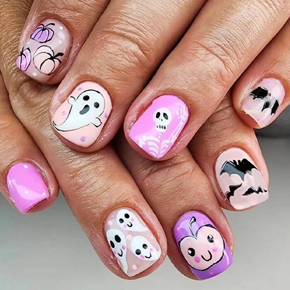 Pink Halloween Press On Nails Short Square Fake Nails With Pumpkin Bat Ghost Skull Designs 24Pcs