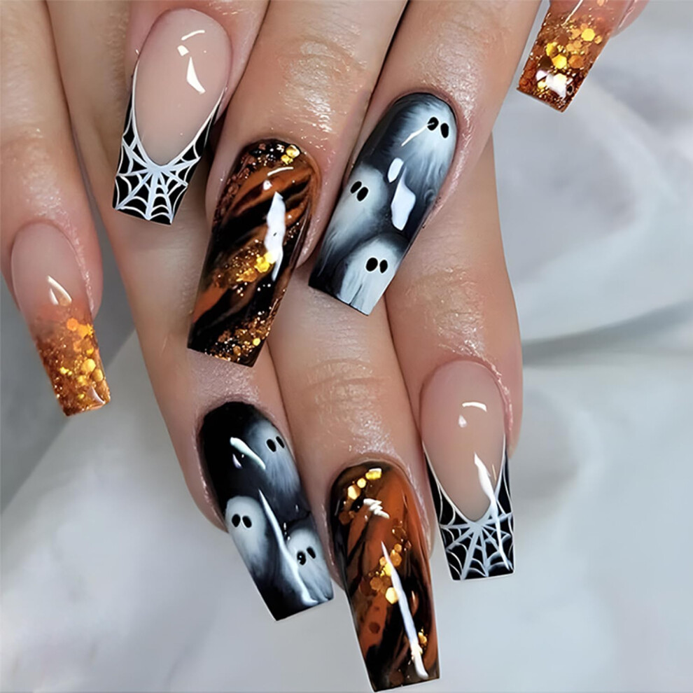 Halloween Coffin Press On Nails with Ghost and Spider Web Design, Glossy Long Square Fake Nails, 24pcs Full Cover Glue On Nails for Women