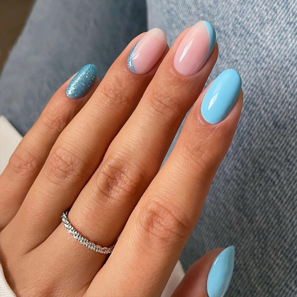 Short Oval Press on Nails Set with Blue Glitter, Acrylic Fake Nails for Instant Wear