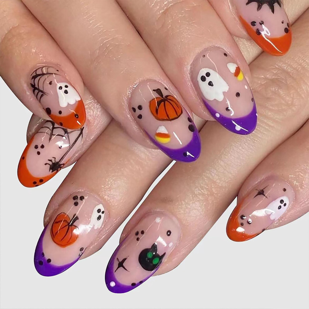 Black Halloween Press On Nails Medium Almond Cat Spider Web Design Reusable False Nails 24Pcs