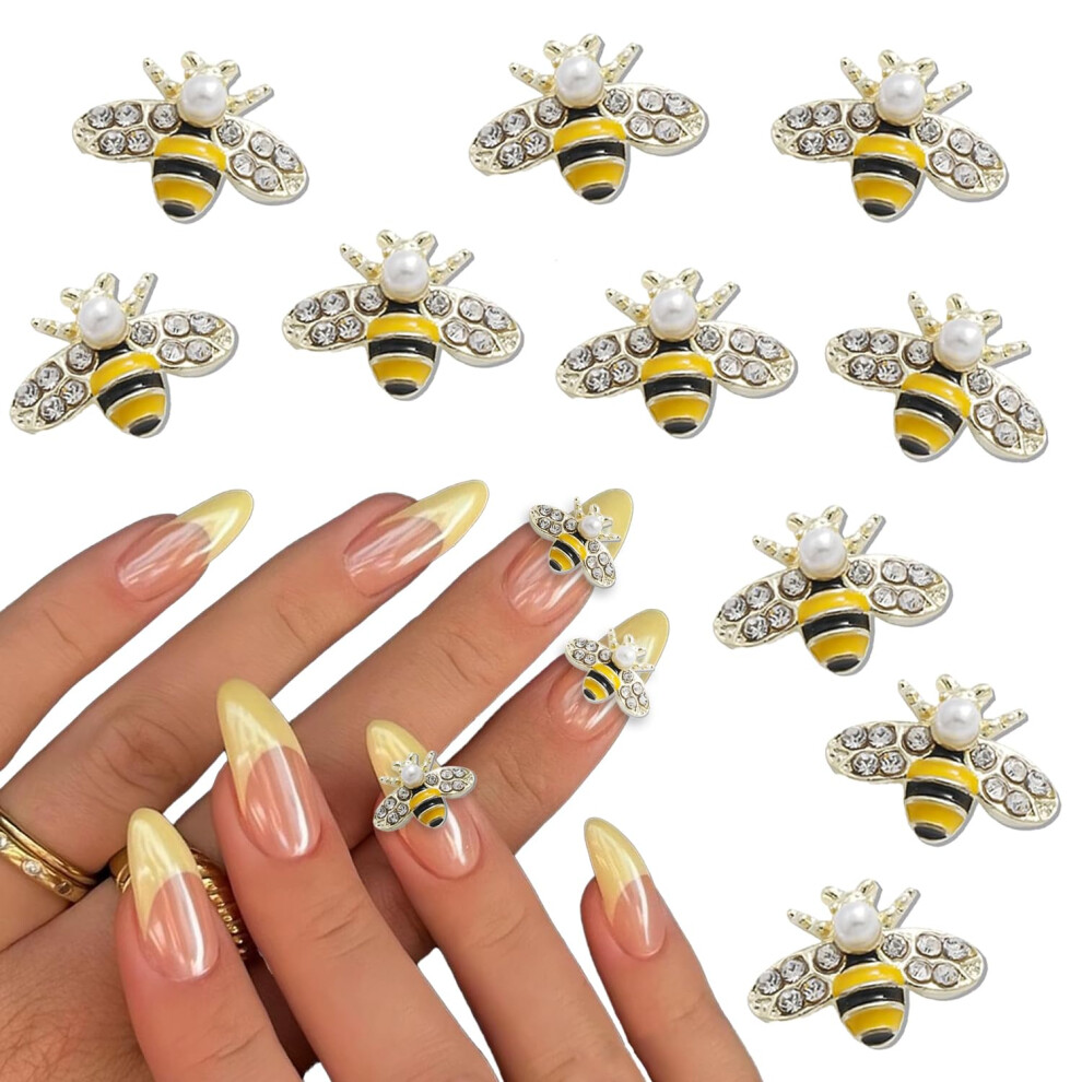 Gold 3D Bee Nail Charms Rhinestone Luxury Alloy Decorations For Acrylic Nails Diy Manicure 10Pcs