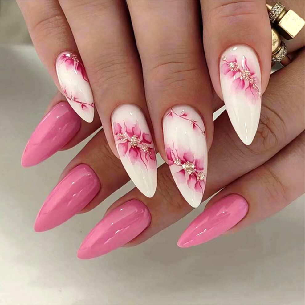 Pink 30Pcs Almond Press On Nails With Rhinestones Full Cover Medium Fake Nails For Women Girls