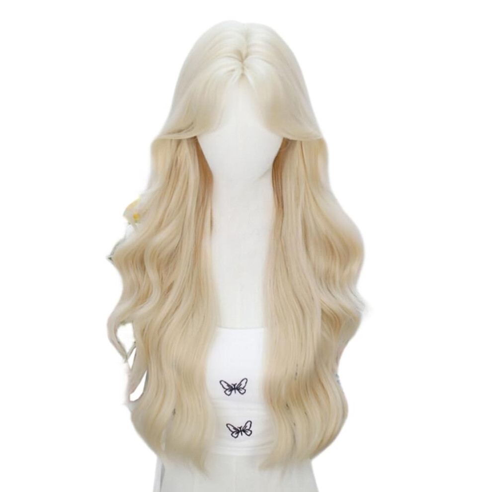 Platinum Blonde Long Wavy Synthetic Wig for Women with Natural Volume and Breathable Cap