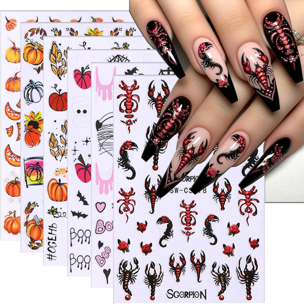 Halloween Nail Stickers 6 Sheets SelfAdhesive Autumn Pumpkin Leaves Ghost Designs for Women