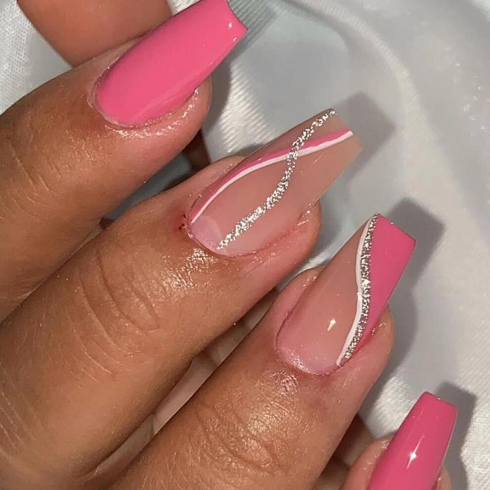 Pink Long Coffin Press On Nails French Tip Acrylic Abs Glitter Stripe 24Pcs Salonstyle Finish