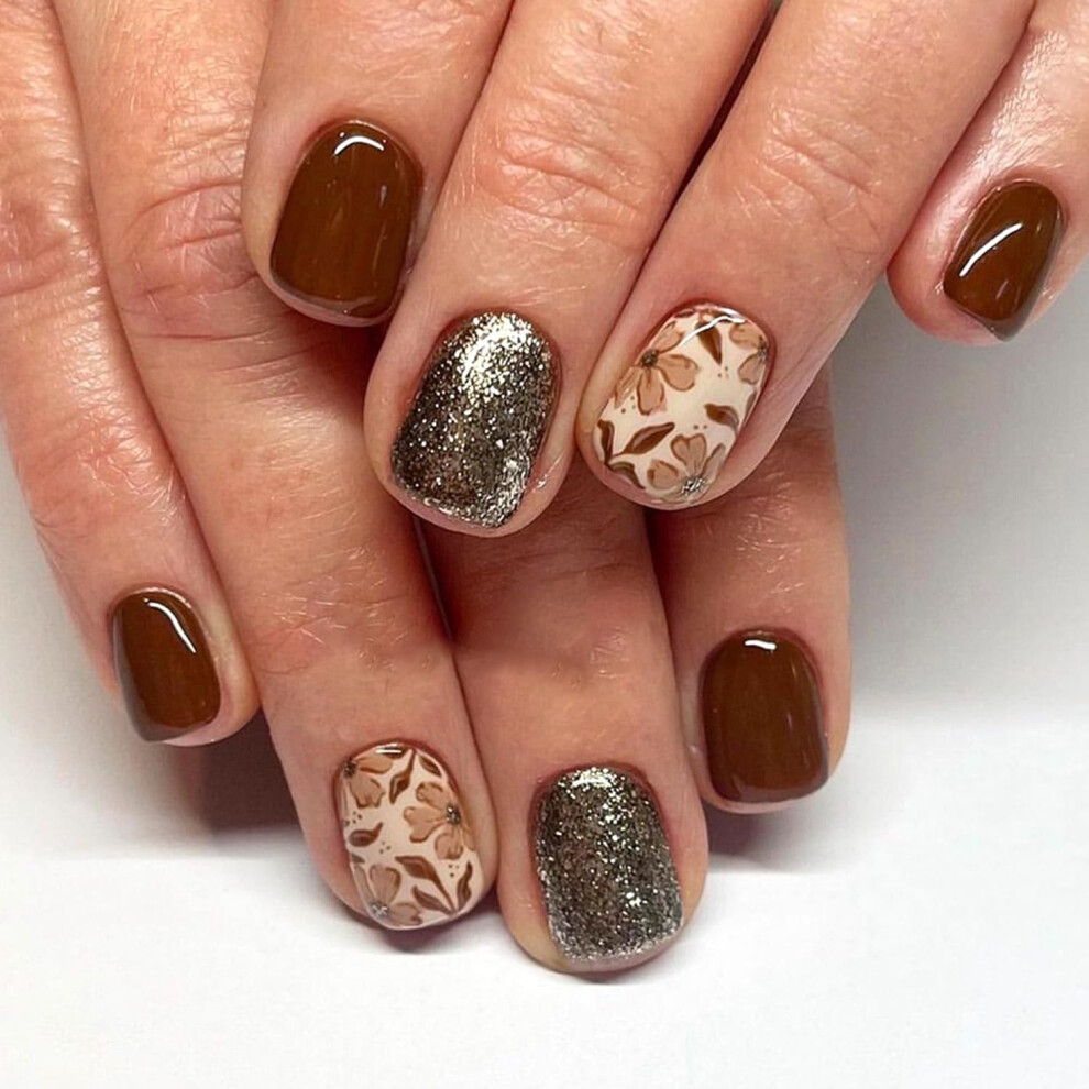 Short Square Press On Nails with Floral Glitter Design, Reusable Acrylic Fake Nails for Women