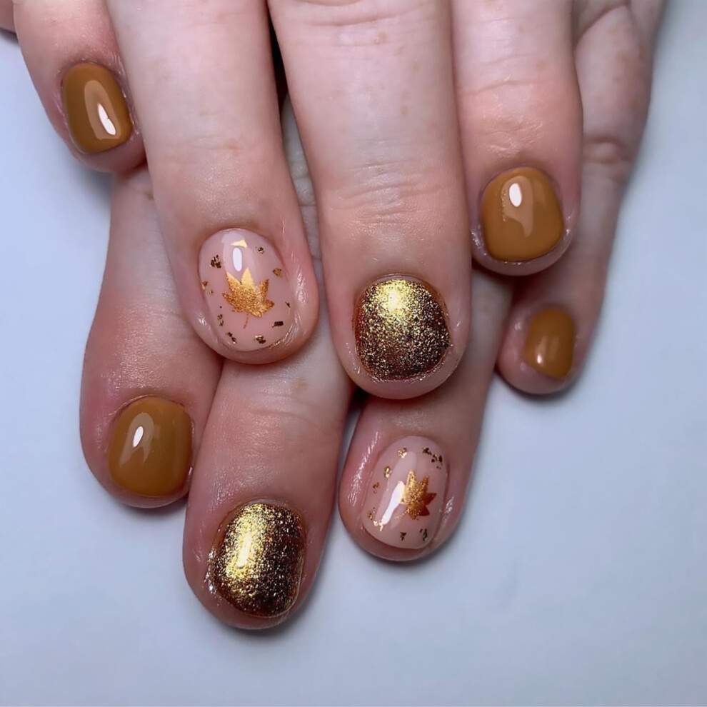 Fall Maple Leaf Press On Nails Short Square Glitter False Nails for Thanksgiving 24PCS Reusable