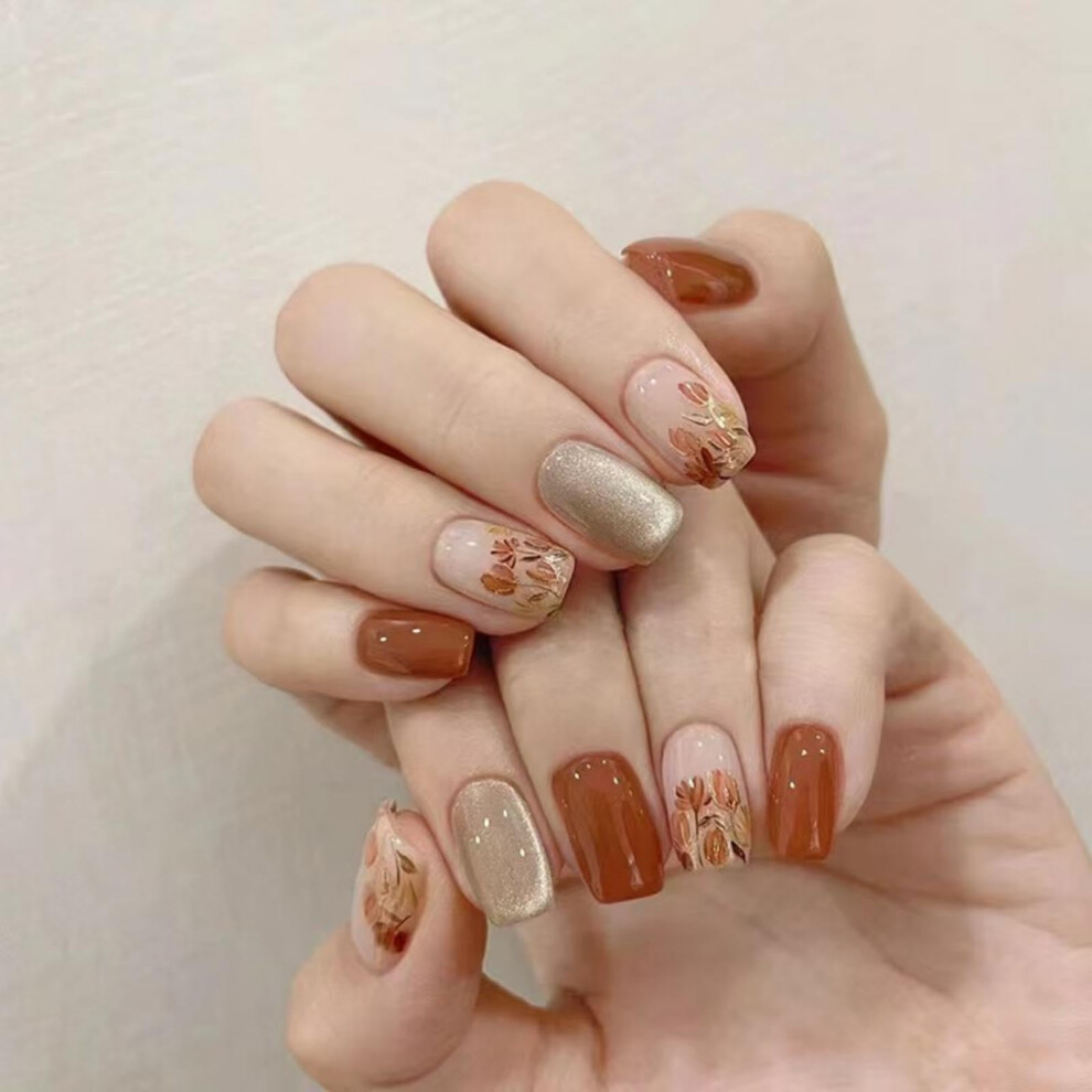 Brown Glitter Press On Nails Square Acrylic Fake Nails Autumn Thanksgiving Reusable 24pcs