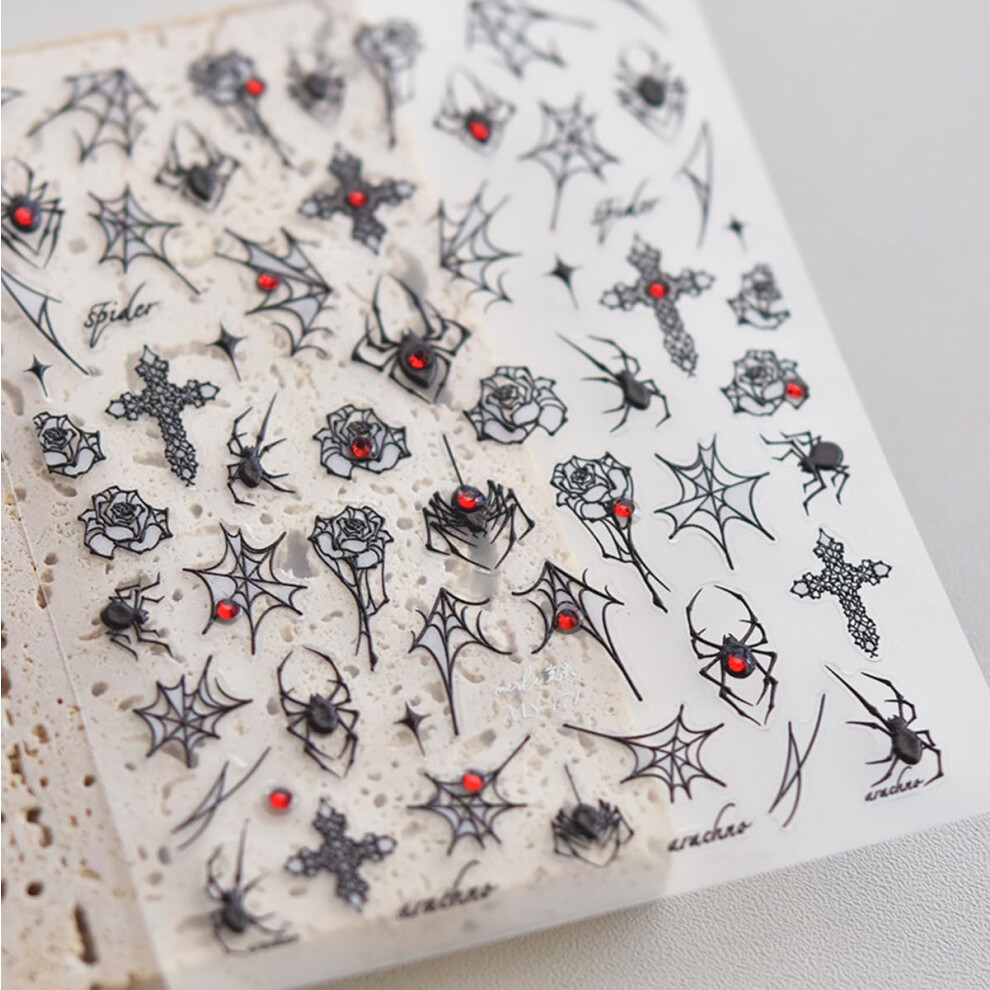 Black Halloween Nail Stickers 5D Embossed Spider Web Skeleton Design Selfadhesive Salon Quality