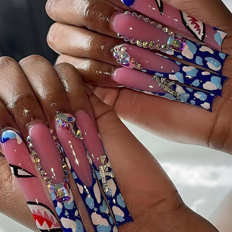 Long Square Acrylic Press On Nails with Pink and Blue Rhinestones, 24pc Geometric Fake Nails
