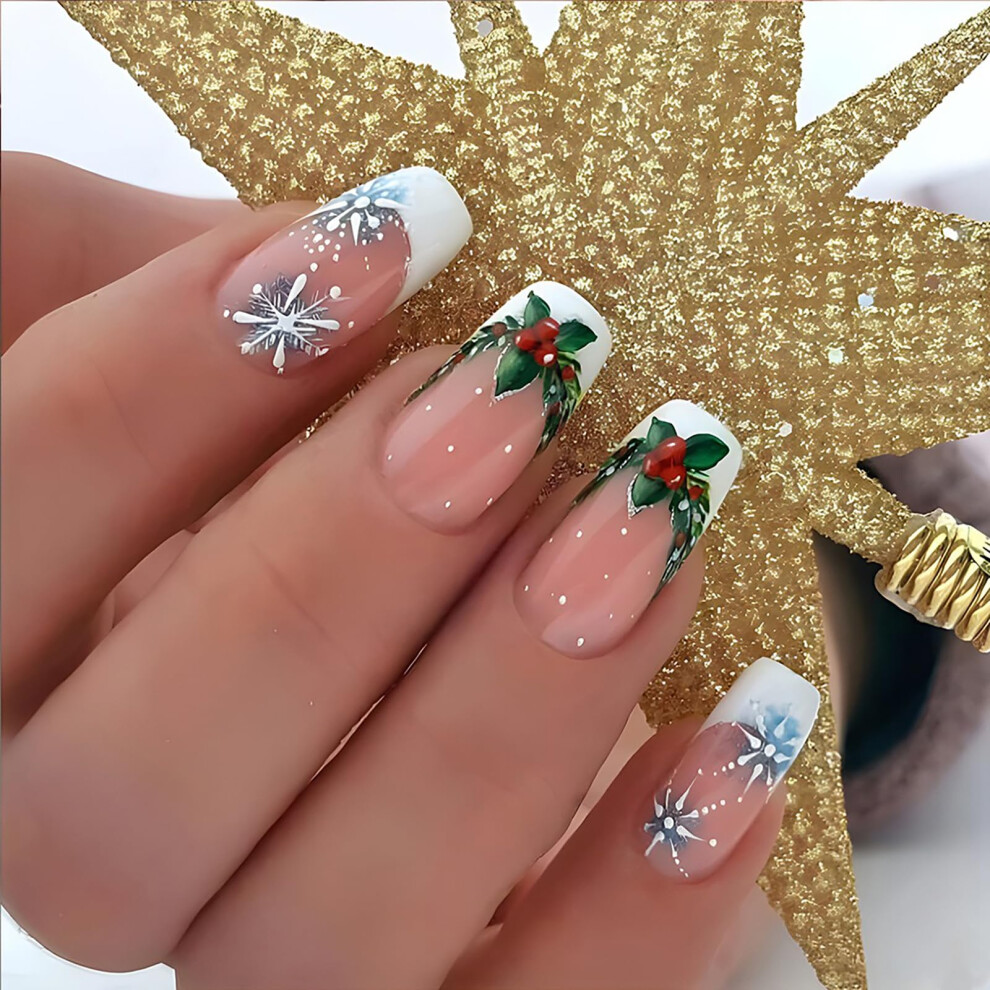 White Christmas Press On Nails French Tip Snowflake Acrylic Full Coverage Holiday Nail Kit 24 Pcs