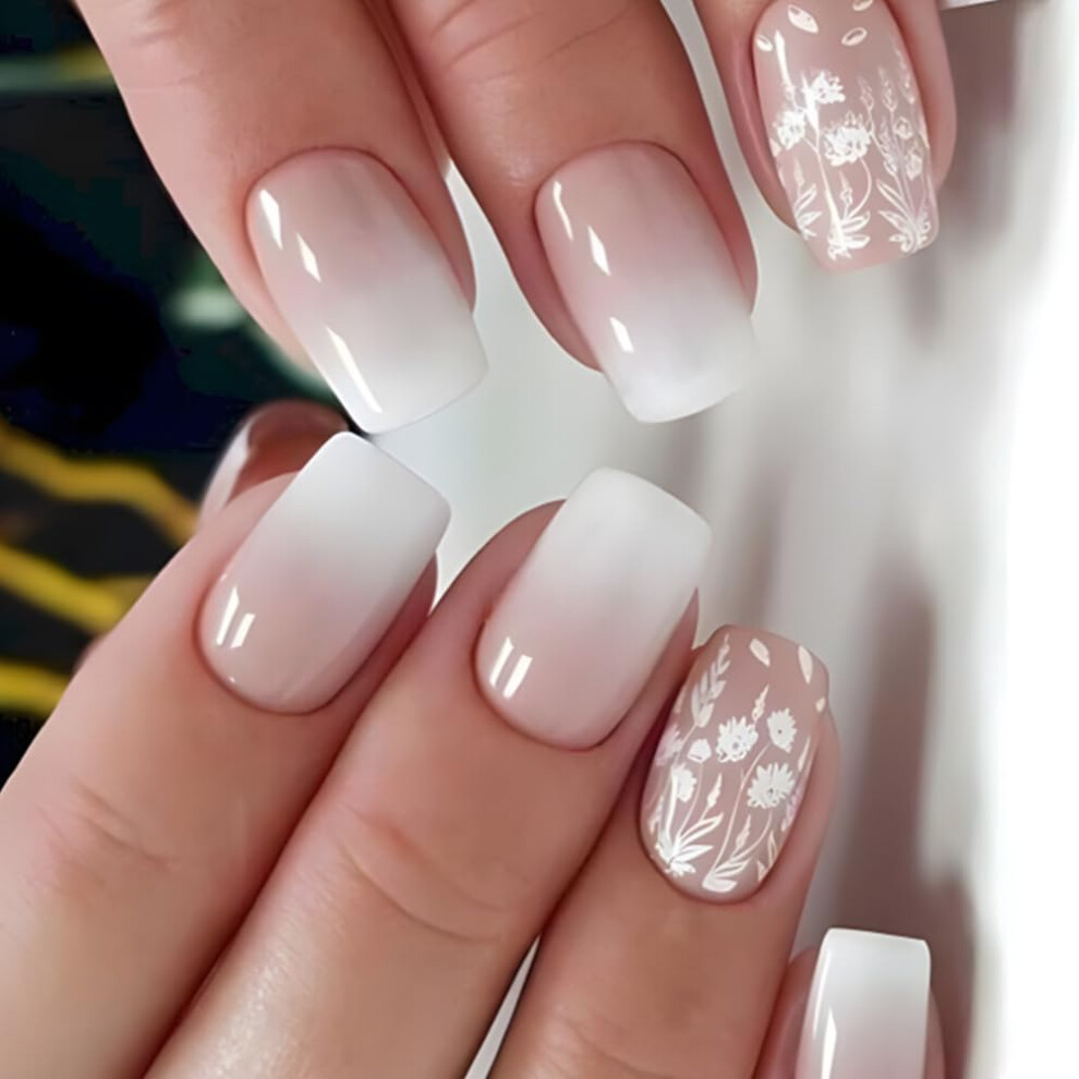 Short Ombre Square Press on Nails with Glue, Reusable Glossy Fake Nails Set for Women Girls 24Pcs