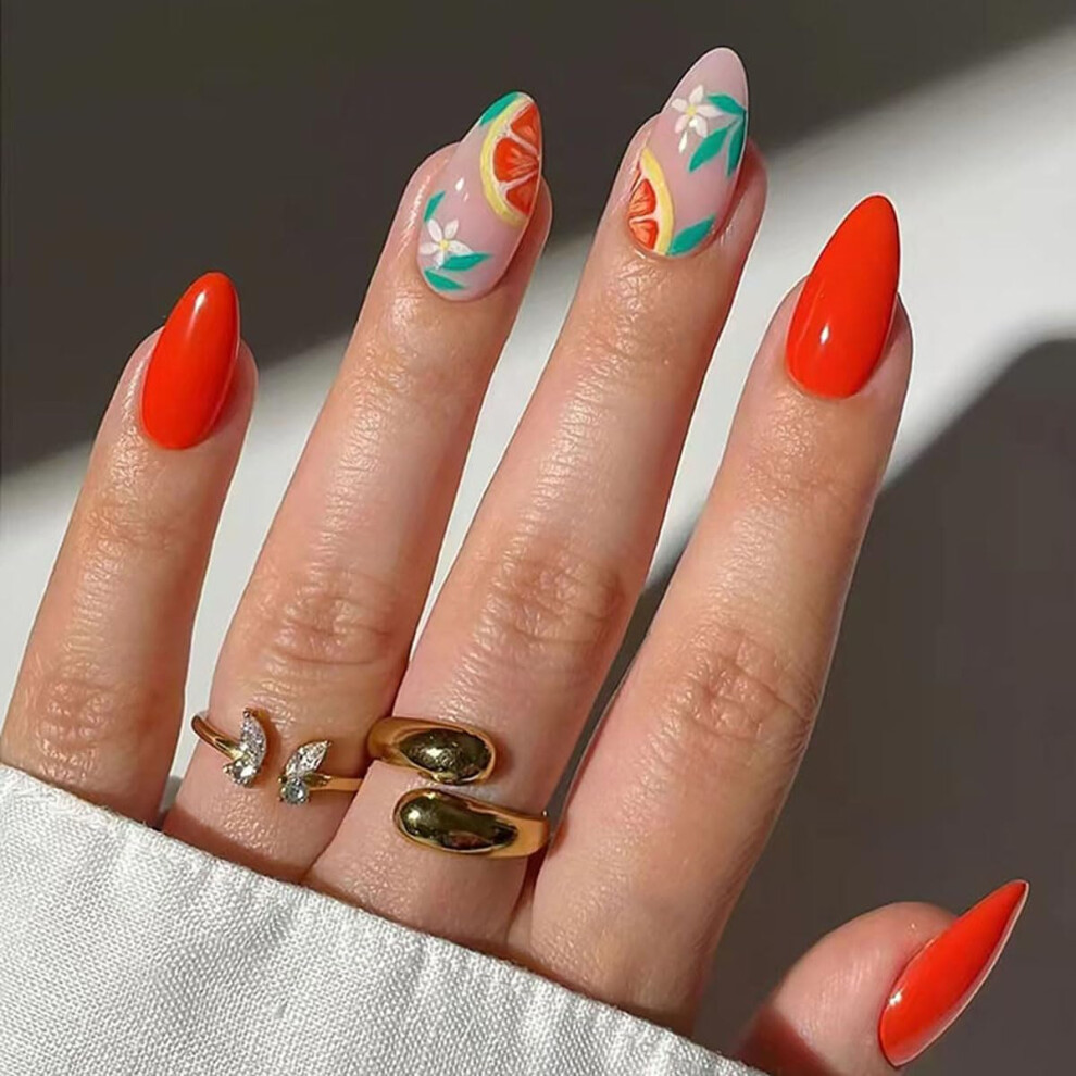 24 PCS Short Almond Press On Nails Autumn Flower Glossy Acrylic Fake Nails with Jelly Adhesive