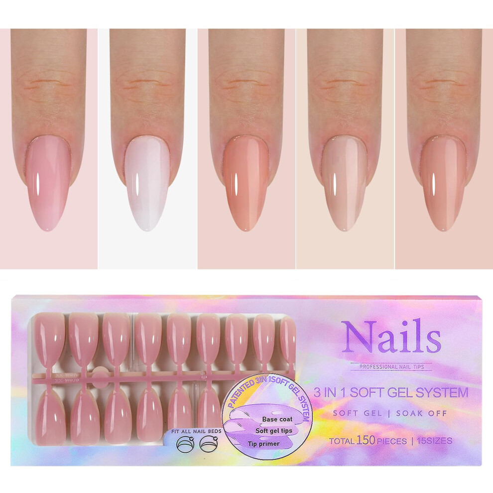Press On Nails 150pcs Long Almond False Nails Kit with Glue Tools, 5 Colors Soft Gel Tips