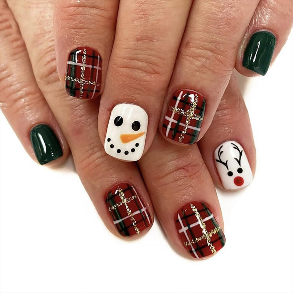 Christmas Press On Nails Short Square Glitter Snowman Elk Design Reusable Acrylic Fake Nails
