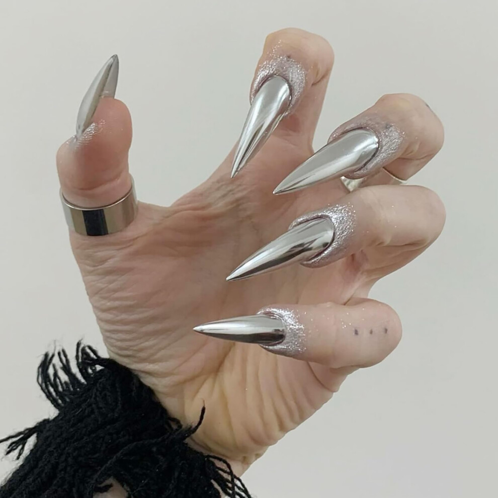 Halloween Press On Nails Long Stiletto Fake Nails Set Silver Glossy Full Cover Reusable 24pcs