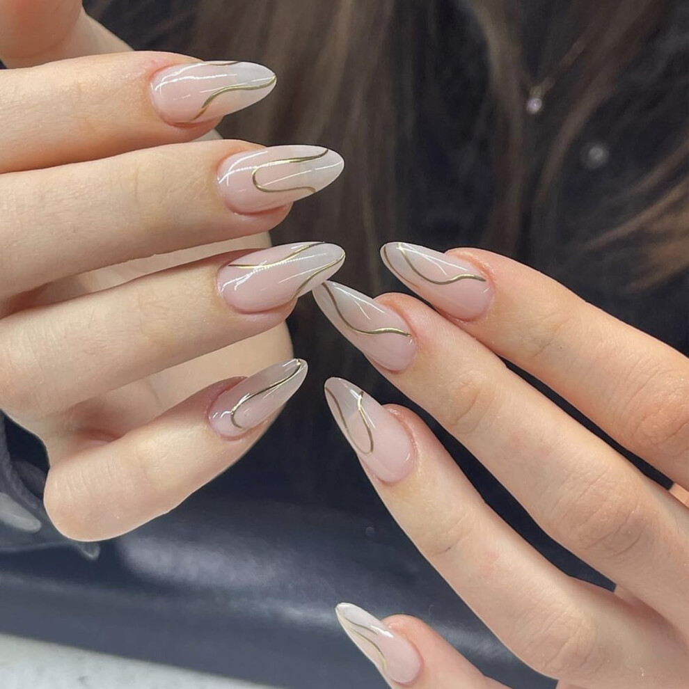 Gold Glitter Press on Nails Medium Stiletto Reusable Nude False Nails with Curve Line Design