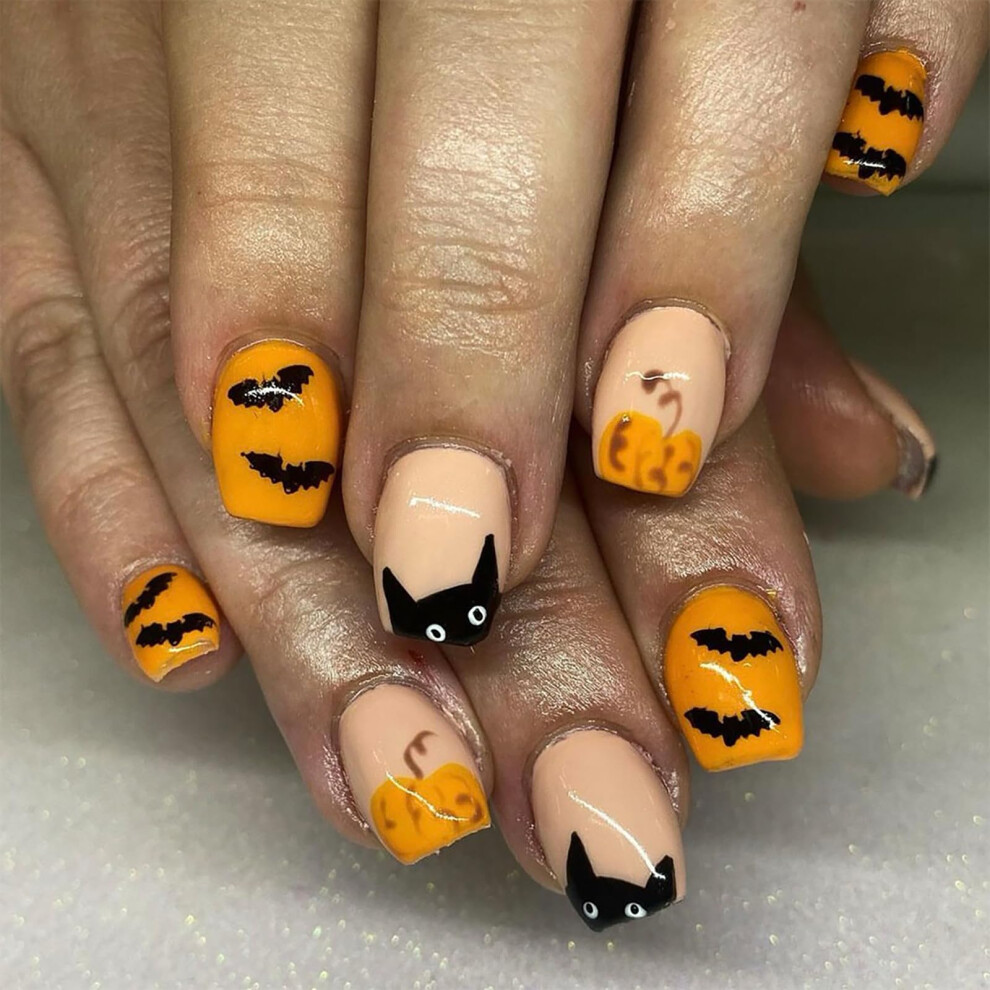 Yellow Halloween Press On Nails Set Short False Nails With Cat Pumpkin Bat Designs, Glossy Acrylic