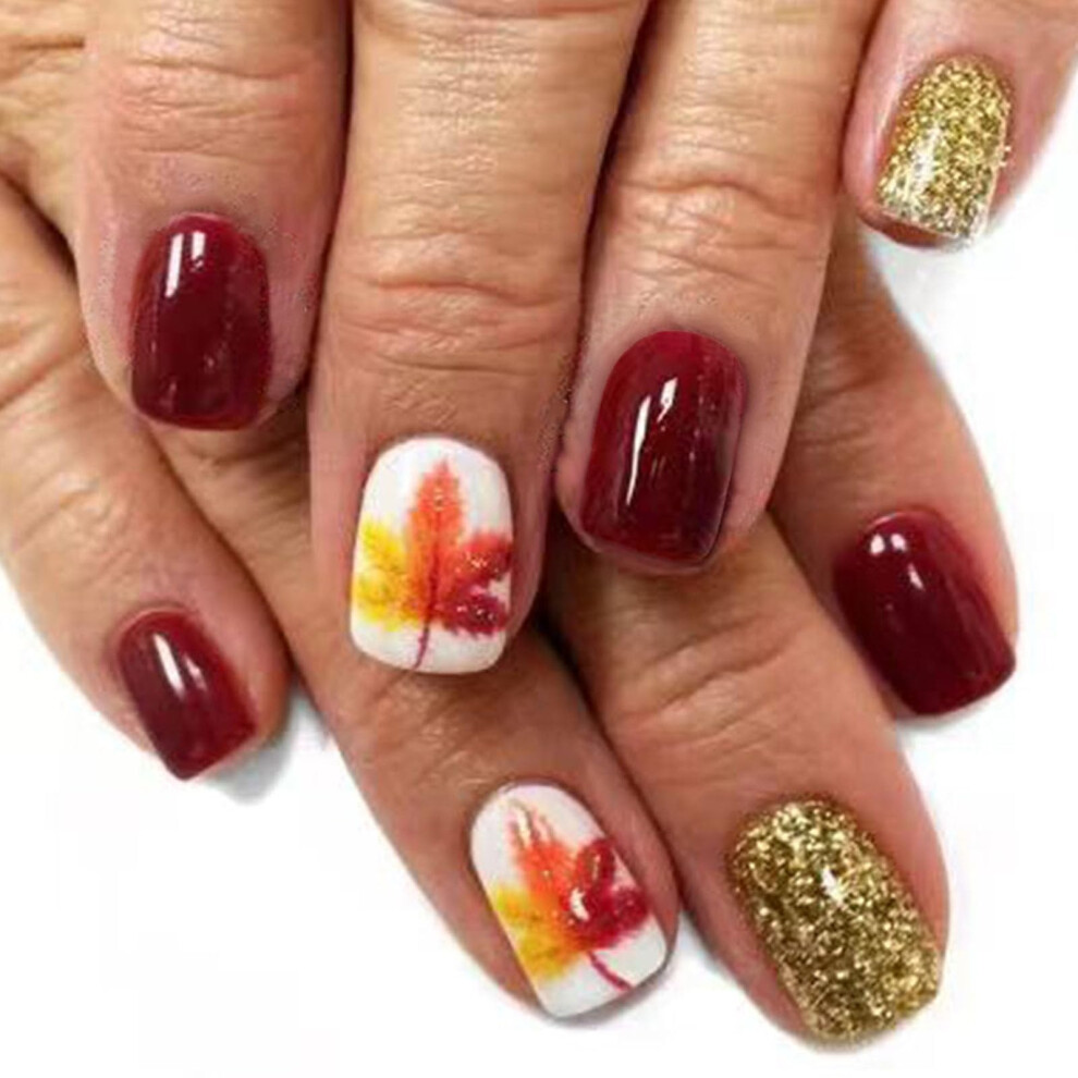 Maple Leaf Press on Nails Short Square Fall Glitter Fake Nails Instant Salon Manicure 24Pcs