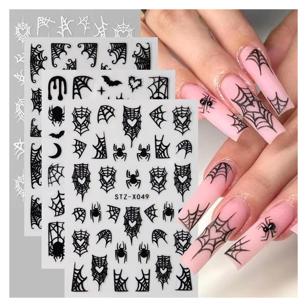 Halloween Nail Stickers 3D Embossed Spider Web SelfAdhesive 4 Sheets for DIY Manicure