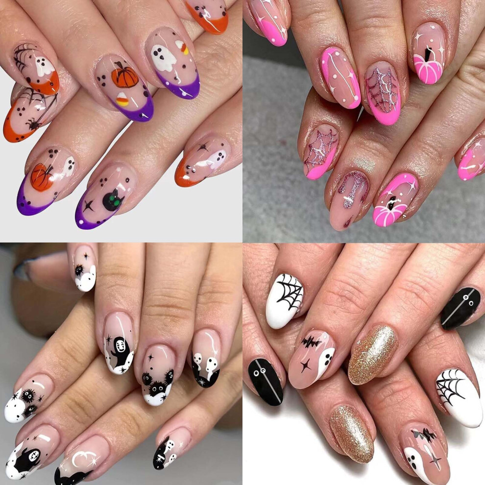 Halloween Press On Nails Short Almond Fake Nails with Pumpkin Ghost Spider Designs, Reusable Glossy Set 96 Pcs