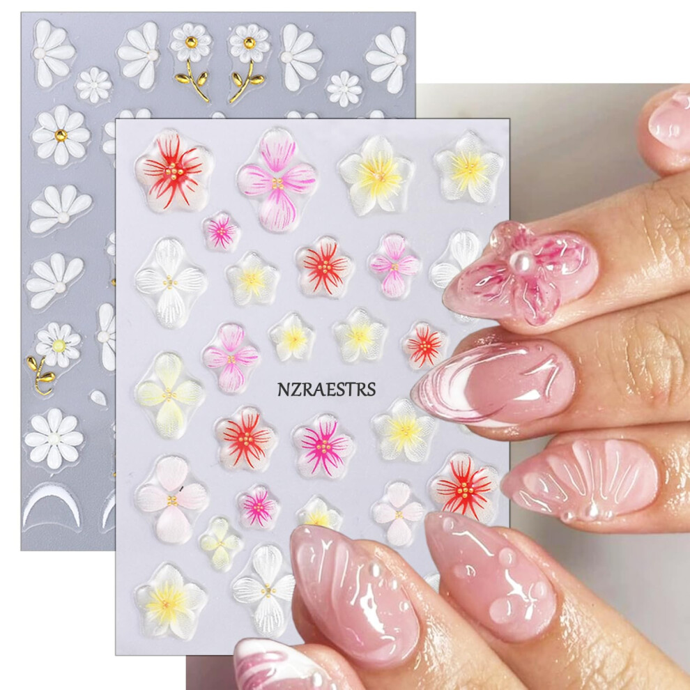 Nail Art Stickers 5D Embossed Self Adhesive Flower Nail Decals Daisy and Hibiscus Design 2 Sheets