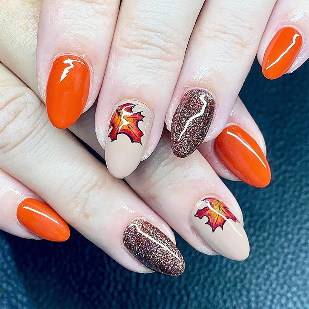 24pcs Fall Press on Nails Set Short Almond Fake Nails with Glitter Maple Leaf Design Reusable