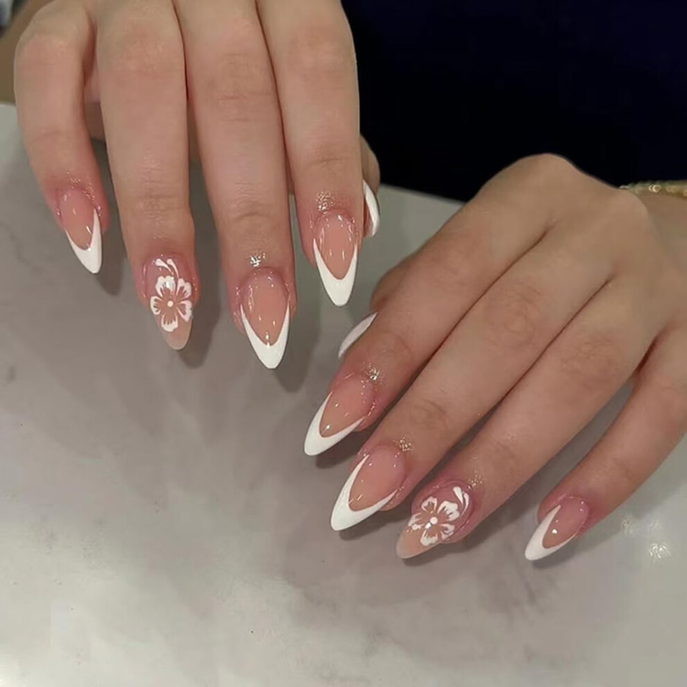 Pink,Cream 30 Pcs Nude Pink Press On Nails Short Almond French Tip Fake Nails With Flowers Salonquality Finish