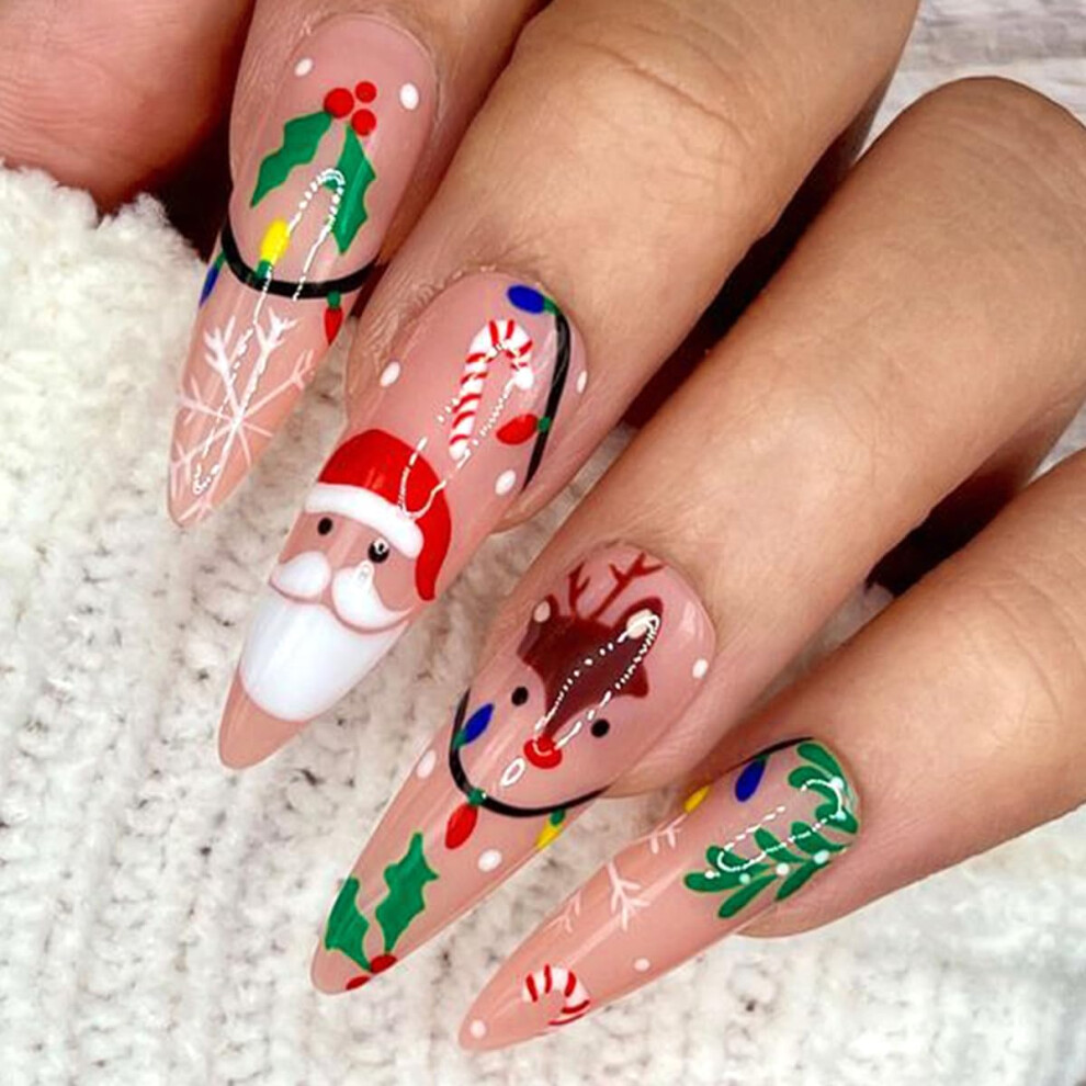 Pink Christmas Press On Nails Almond Shape With Santa Claus Design, 24Pcs Fake Nails Set
