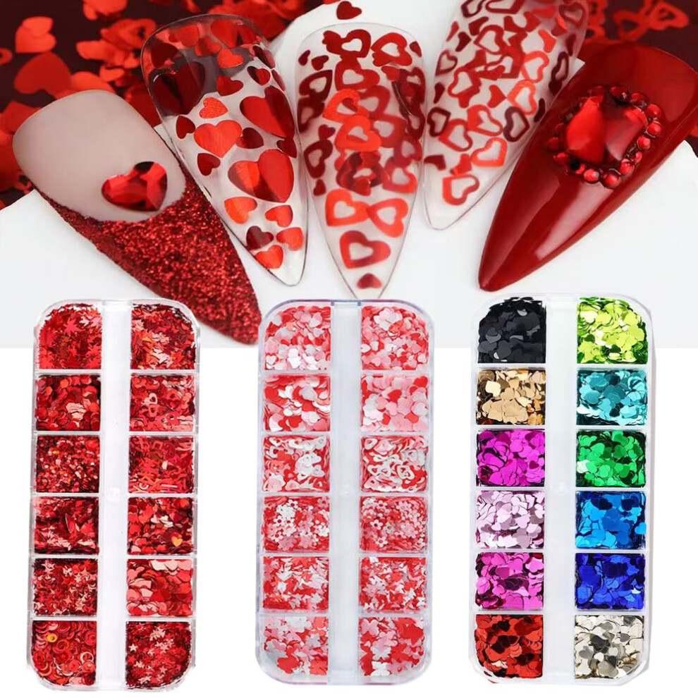 Valentine's Day Nail Art Glitters Set, 3D Holographic Multicolor Heart Sequins for DIY Manicure 36 Styles
