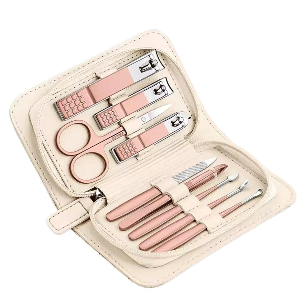 Beige Nail Clipper Set Stainless Steel Manicure Kit With Case For Travel Grooming