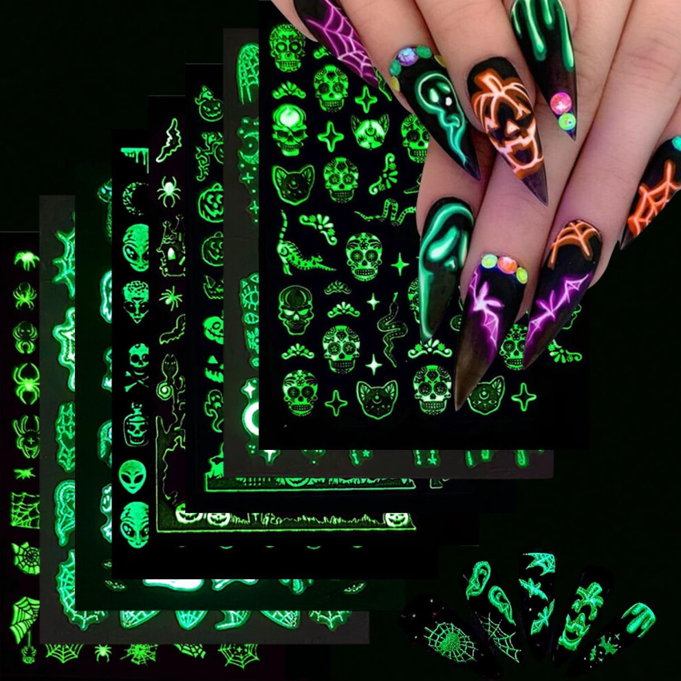 6 Sheets Halloween Nail Stickers Glow in the Dark 3D SelfAdhesive Ghost Pumpkin Spider Web Designs