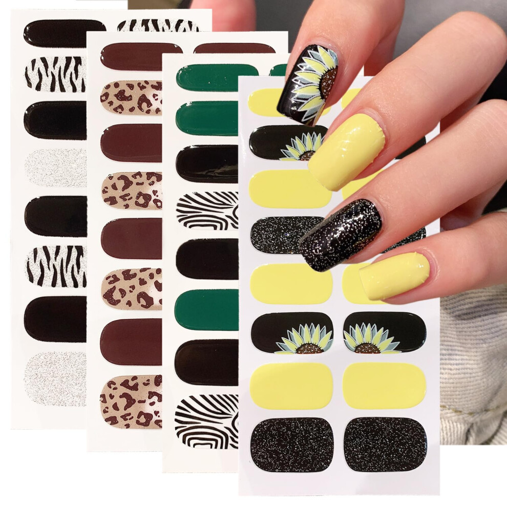 4 Sheets Full Wrap Gel Nail Stickers Leopard Zebra Sunflower Glitter Polish Strips for Women DIY