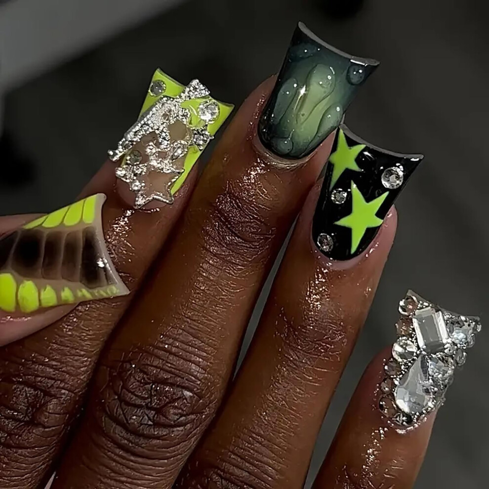 Duck Shape Press On Nails Green French Tip Fake Nails Kit with 3D Rhinestones and Glitter