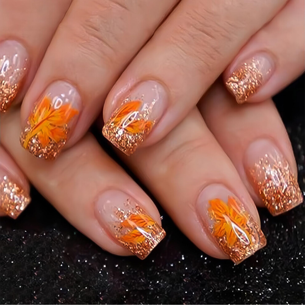 Gold Fall Press On Nails With Maple Leaf Design, Medium Coffin Fake Nails For Thanksgiving