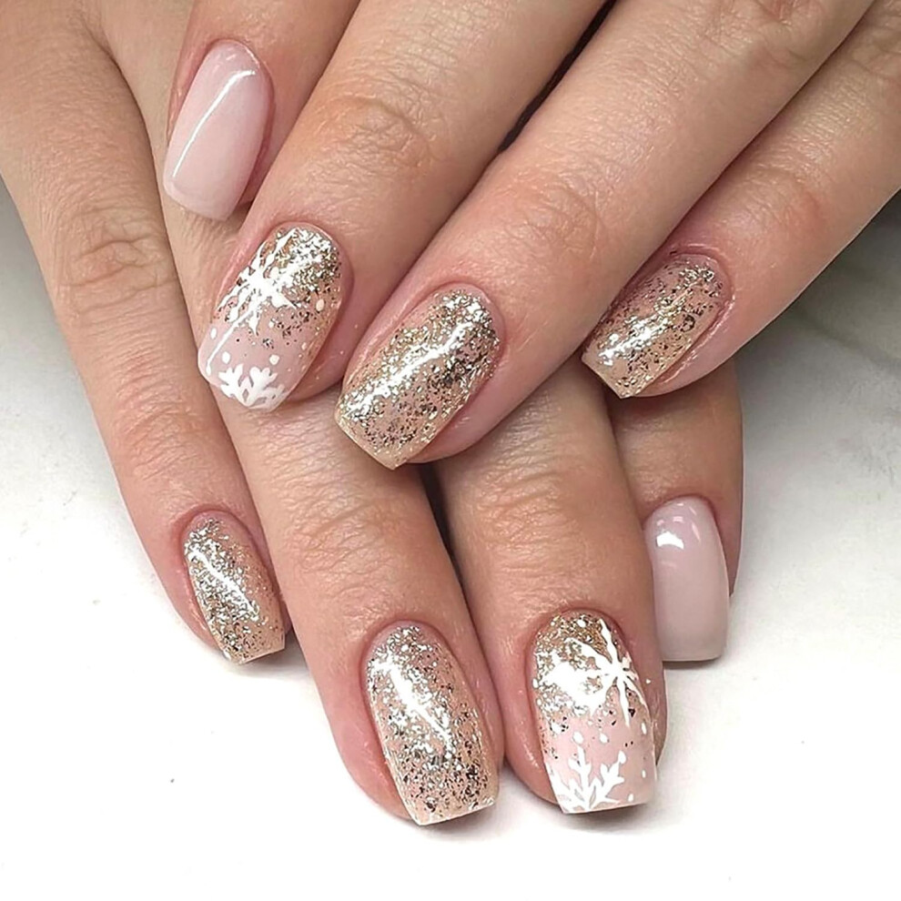 Pink,Cream 24Pcs Christmas Press On Nails Short Square Nude Pink Glitter Snowflake Fake Acrylic Nails Set