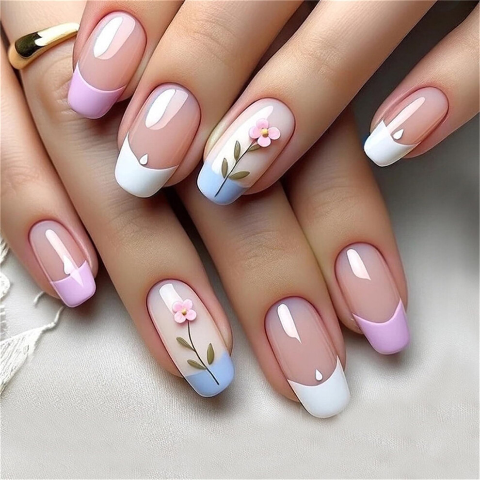 Medium Square Press On Nails with French Manicure and Flower Design, Longlasting, 24pcs