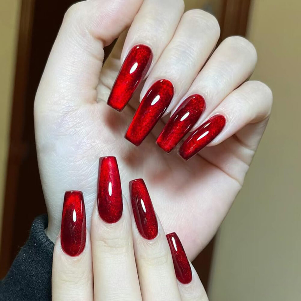 Red Christmas Press On Nails Long Coffin Cat's Eye Glitter Fake Nails With Glue, Reusable 24Pcs