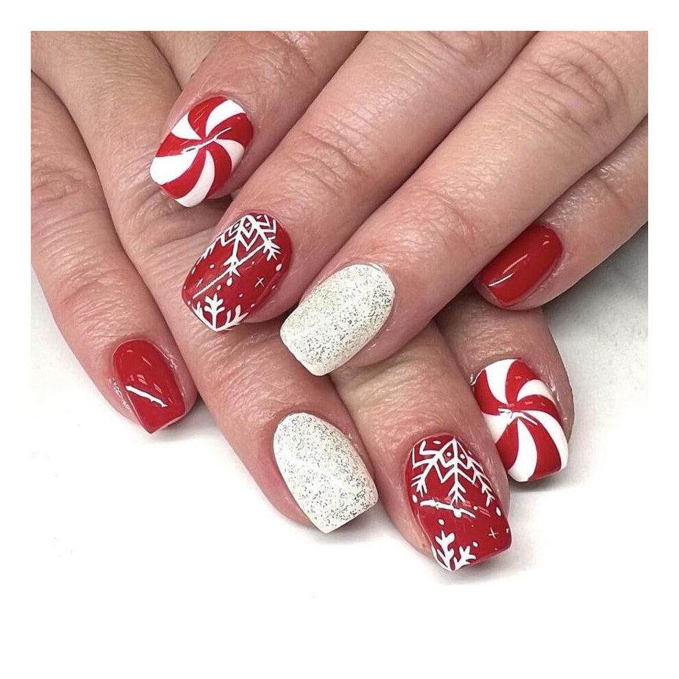 White 24Pcs Christmas Press On Nails Short Square Glitter Snowflake Fake Nails For Women