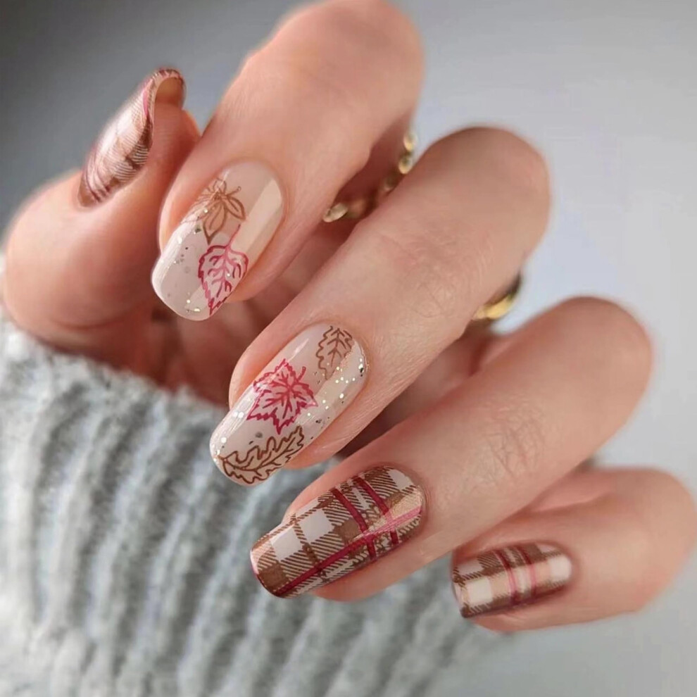 Square Press On Nails Medium Acrylic Fake Nails Glossy Checkered Design with Glue 24PCS