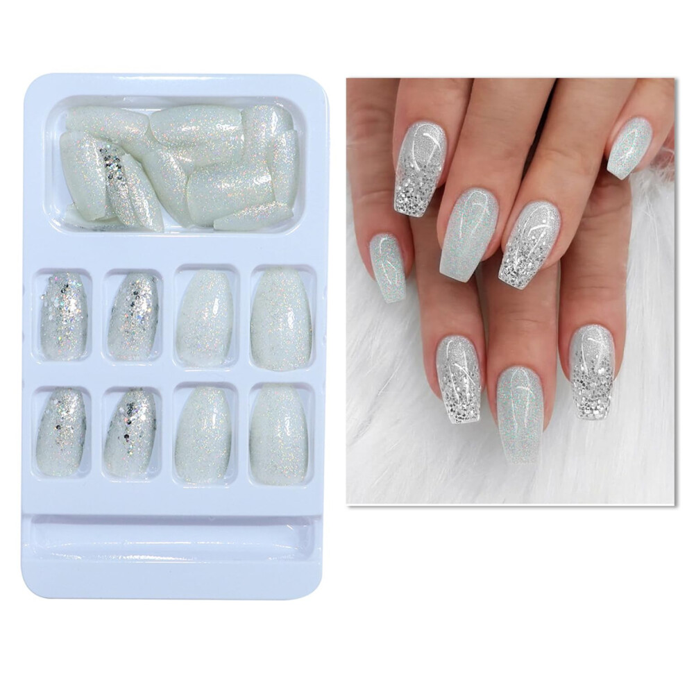 Silver Medium Coffin Press On Nails Glitter Fake Nails For Wedding Bride, Easy Apply Kit
